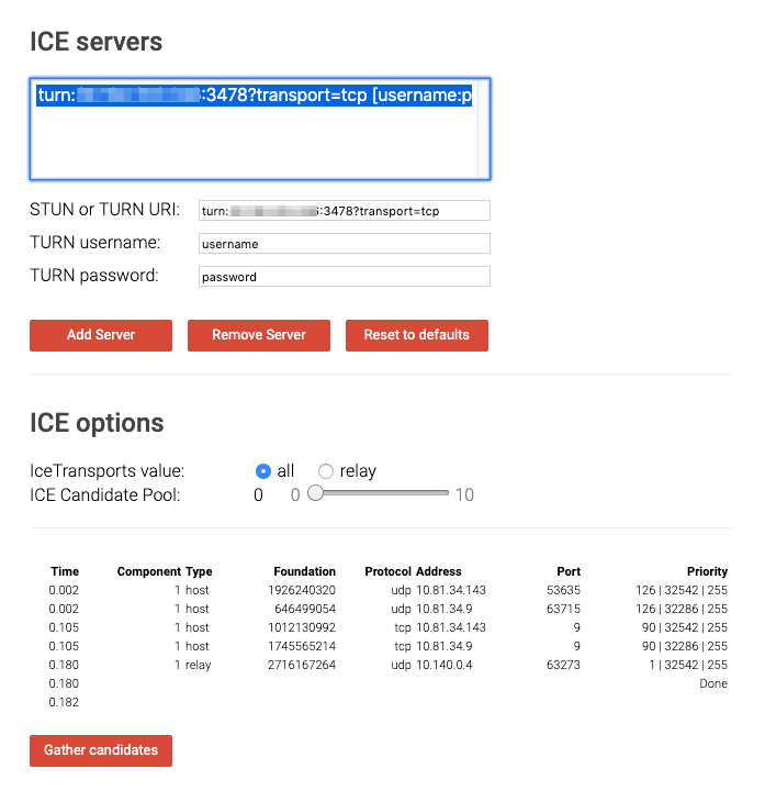 TURN connection testing